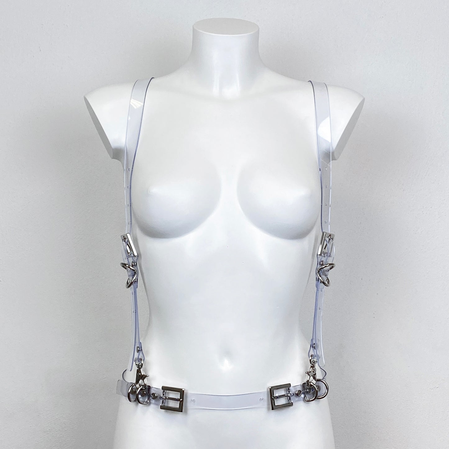 Suspenders transparent PVC harness with metallic ring and buckles