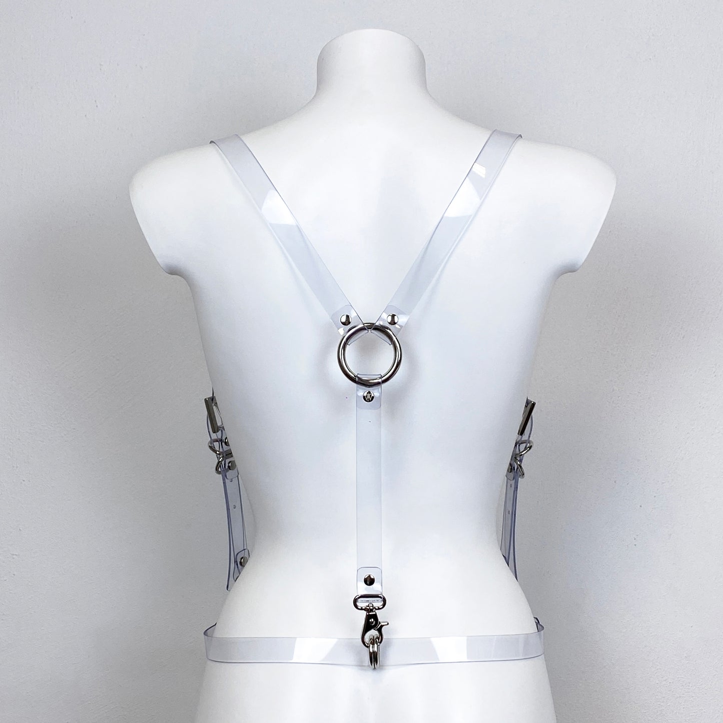 Suspenders transparent PVC harness with metallic ring and buckles