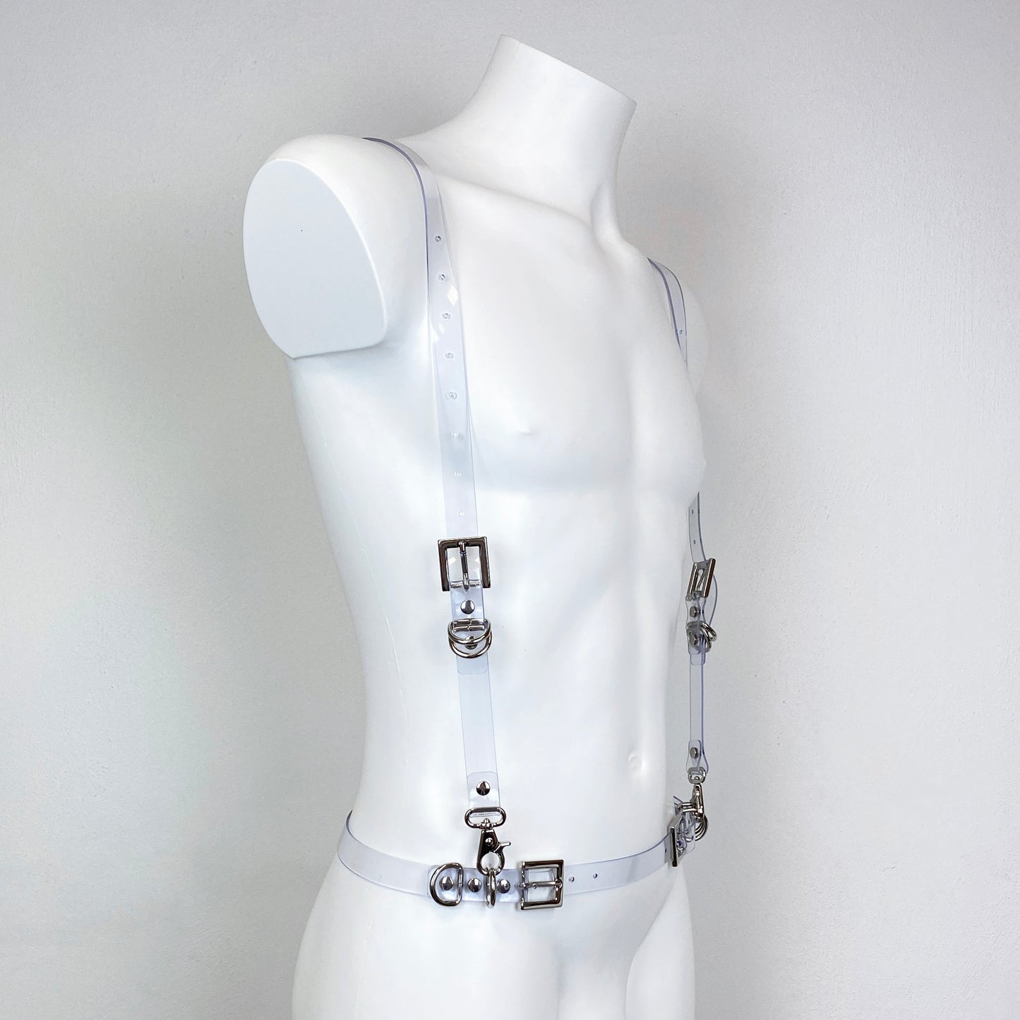 Suspenders transparent PVC harness with metallic ring and buckles