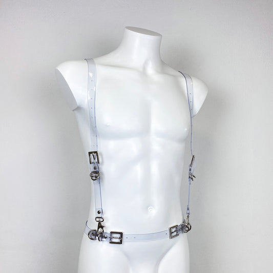 Suspenders transparent PVC harness with metallic ring and buckles