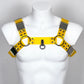 BDSM harness in yellow transparent PVC with metallic buckles