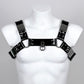 BDSM harness in black PVC with metallic buckles